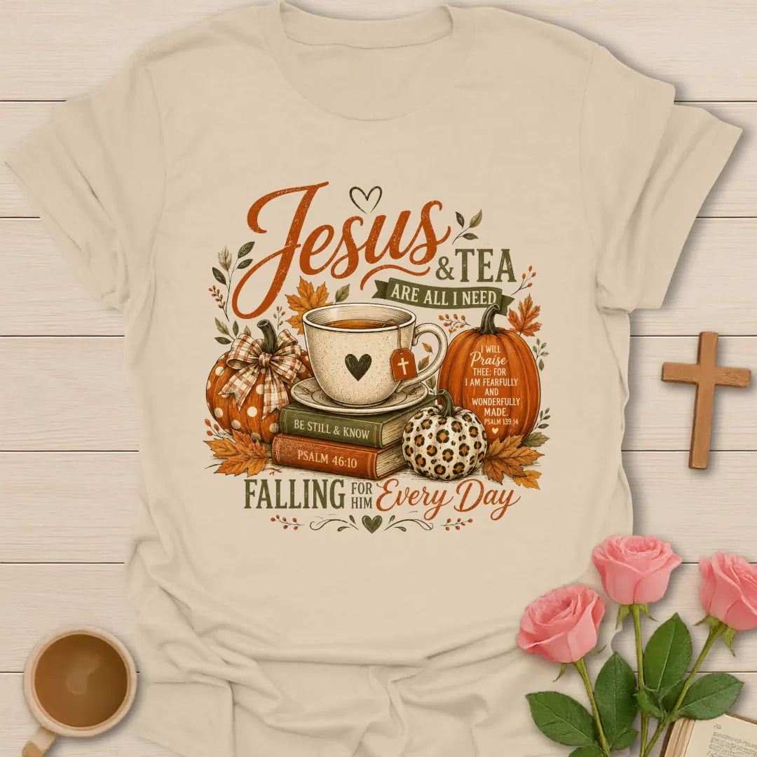Jesus and Tea Are All I Need shirt with fall teacup, pumpkins, Bible books, leaves, and Psalm-inspired design. - Sand