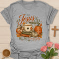 Jesus and Tea Are All I Need shirt with fall teacup, pumpkins, Bible books, leaves, and Psalm-inspired design. - Sport Grey