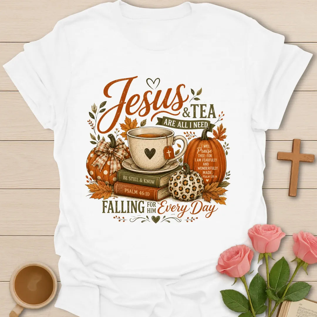 Jesus and Tea Are All I Need shirt with fall teacup, pumpkins, Bible books, leaves, and Psalm-inspired design. - White