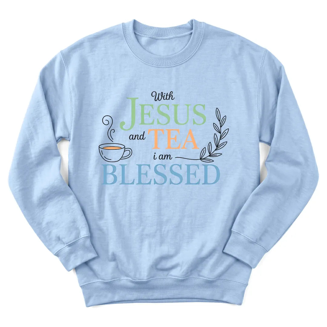 Jesus Tea Blessed sweatshirt with teacup and blessed lettering - Light Blue