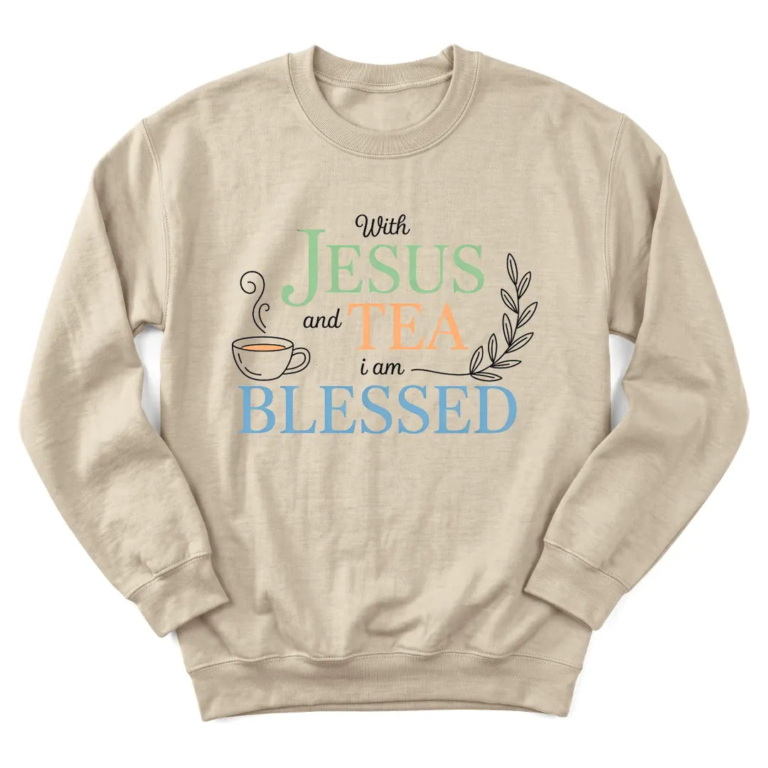 Jesus Tea Blessed sweatshirt with teacup and blessed lettering - Sand