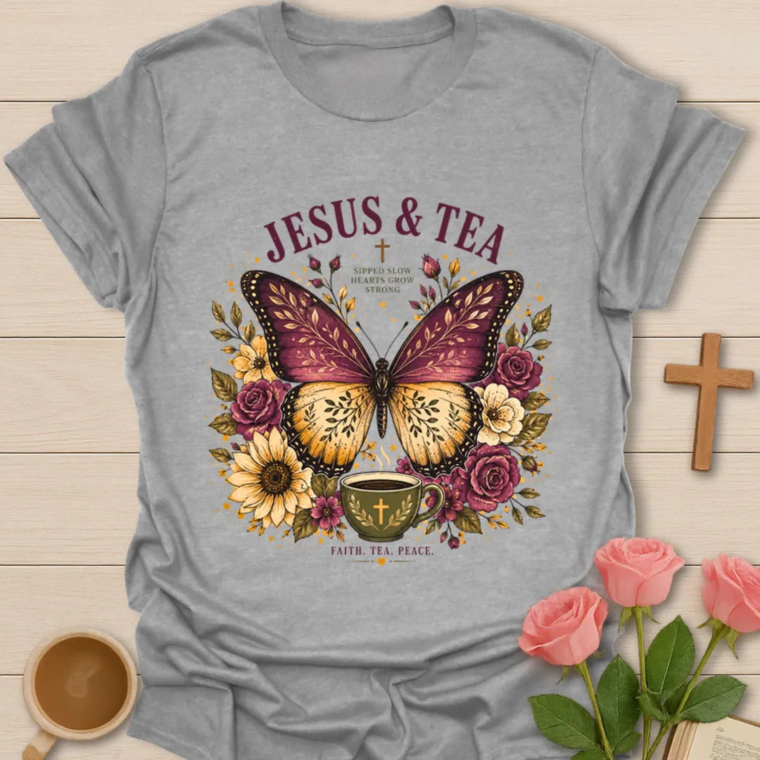 Jesus and Tea shirt with large butterfly, flowers, teacup, cross, and faith tea peace phrase. - Sport Grey