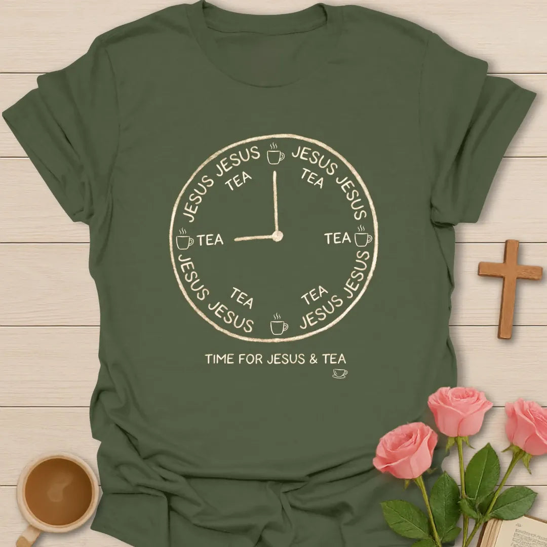 Jesus & Tea Clock shirt with clock artwork and faith-inspired tea design. - Military Green