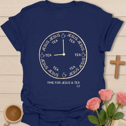 Jesus & Tea Clock shirt with clock artwork and faith-inspired tea design. - Navy