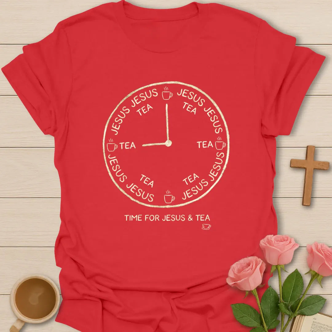 Jesus & Tea Clock shirt with clock artwork and faith-inspired tea design. - Red