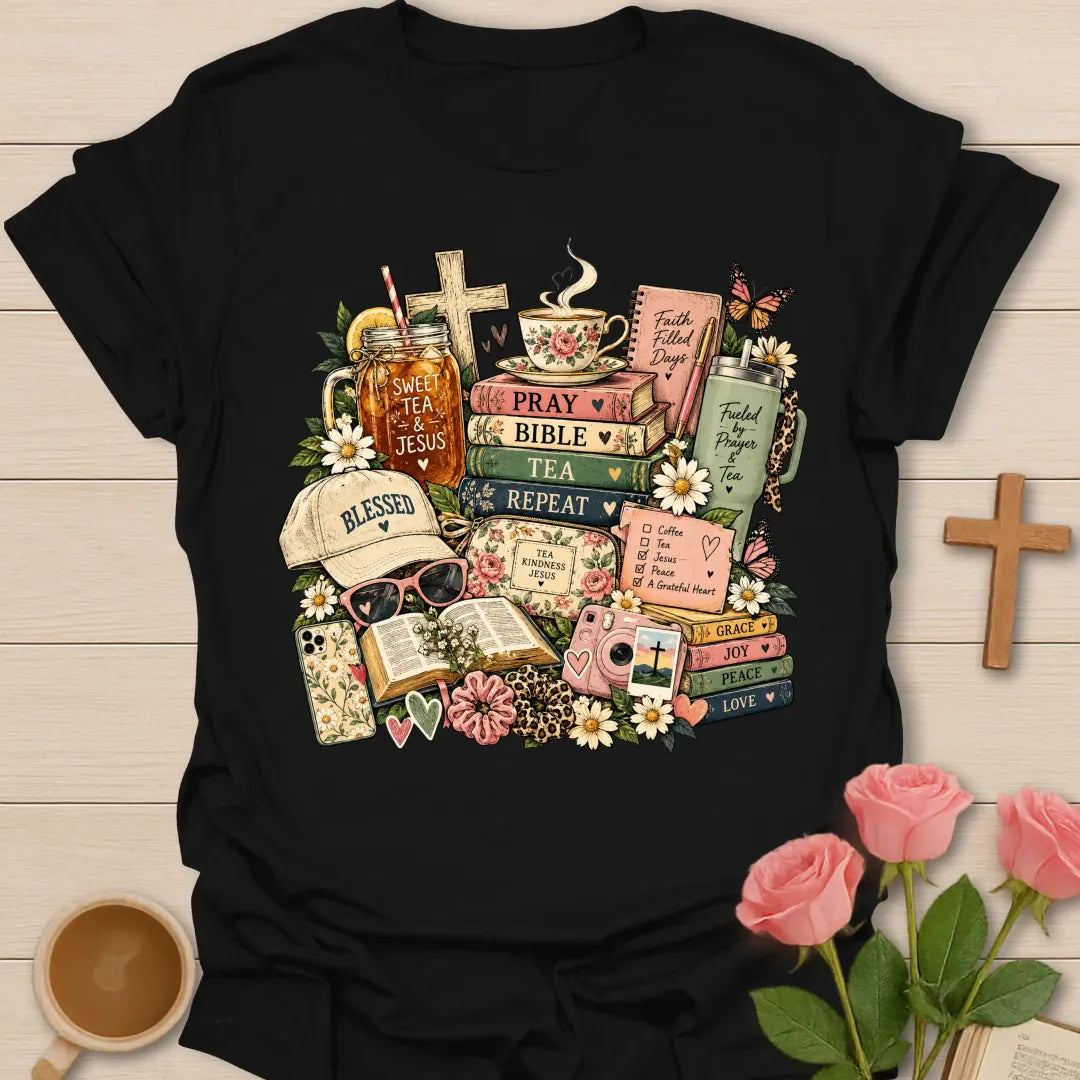 Jesus & Tea Collage t-shirt with a floral collage of a Pray Bible Tea Repeat book stack, Sweet Tea & Jesus jar, cross, teacup, Blessed cap and Grace Joy Peace Love books - Black
