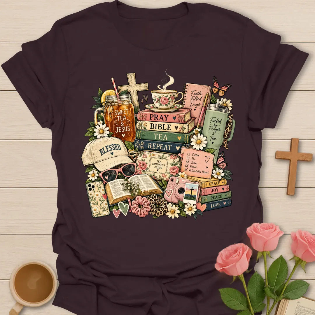 Jesus & Tea Collage t-shirt with a floral collage of a Pray Bible Tea Repeat book stack, Sweet Tea & Jesus jar, cross, teacup, Blessed cap and Grace Joy Peace Love books - Dark Chocolate