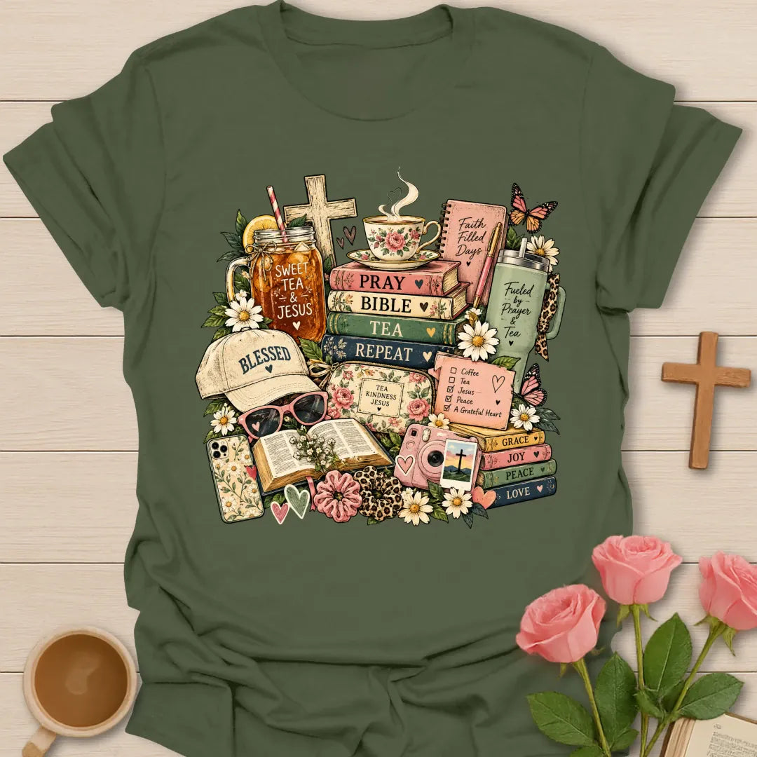 Jesus & Tea Collage t-shirt with a floral collage of a Pray Bible Tea Repeat book stack, Sweet Tea & Jesus jar, cross, teacup, Blessed cap and Grace Joy Peace Love books - Military Green