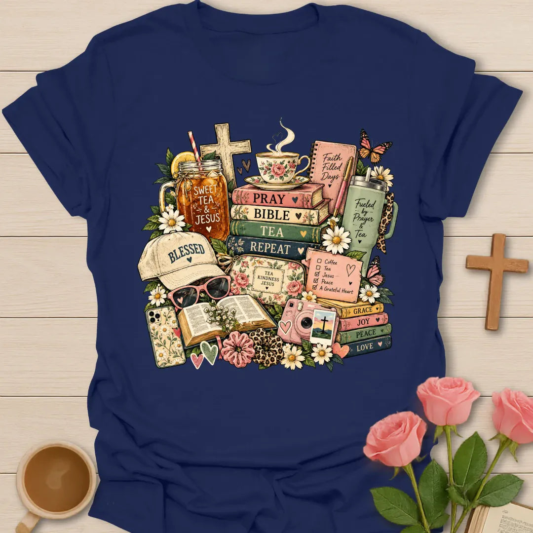 Jesus & Tea Collage t-shirt with a floral collage of a Pray Bible Tea Repeat book stack, Sweet Tea & Jesus jar, cross, teacup, Blessed cap and Grace Joy Peace Love books - Navy