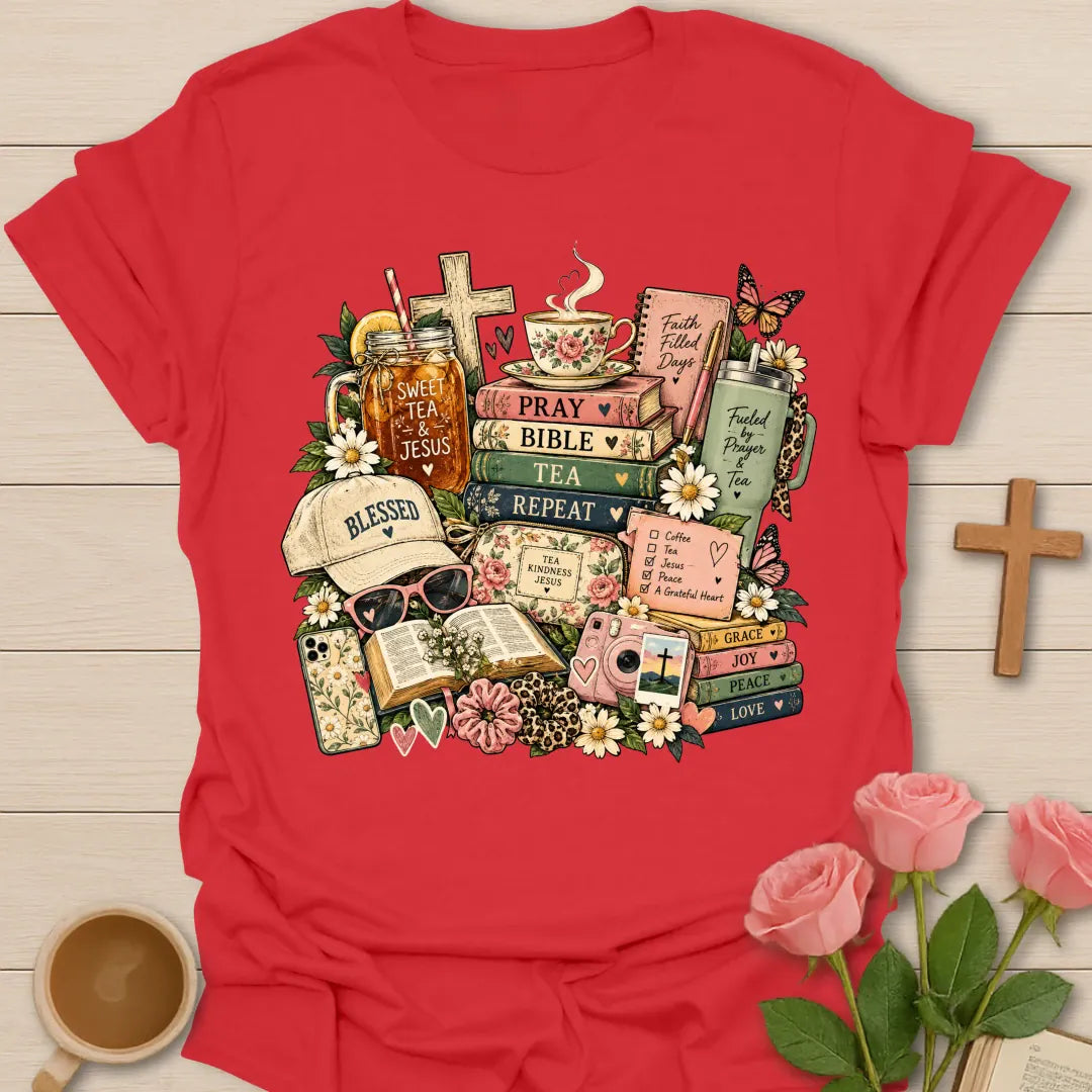 Jesus & Tea Collage t-shirt with a floral collage of a Pray Bible Tea Repeat book stack, Sweet Tea & Jesus jar, cross, teacup, Blessed cap and Grace Joy Peace Love books - Red