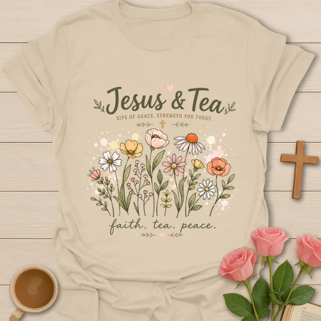 Jesus and Tea Christian shirt with wildflowers, faith tea peace phrase, cross, and sips of grace text. - Sand