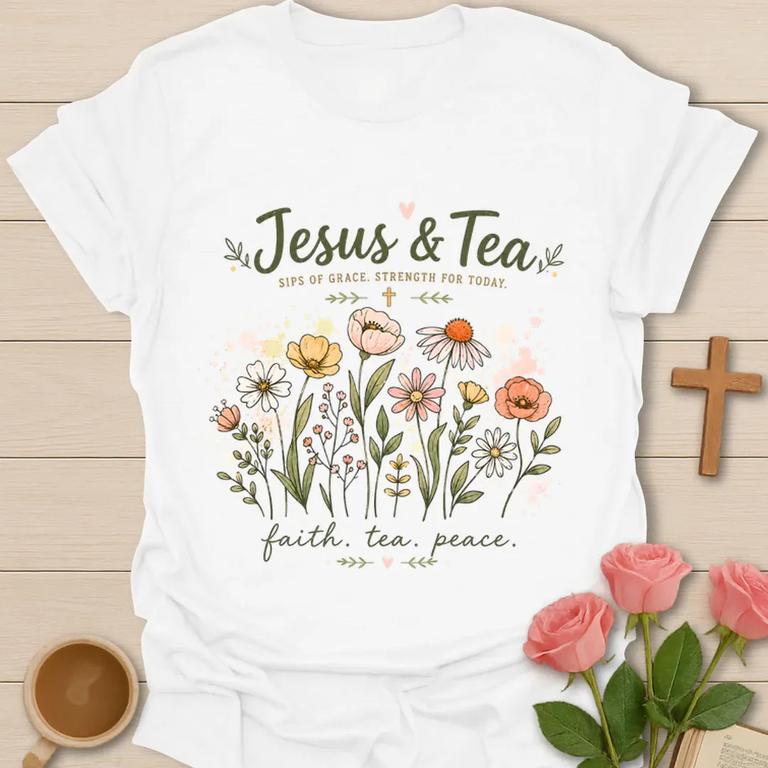 Jesus and Tea Christian shirt with wildflowers, faith tea peace phrase, cross, and sips of grace text. - White