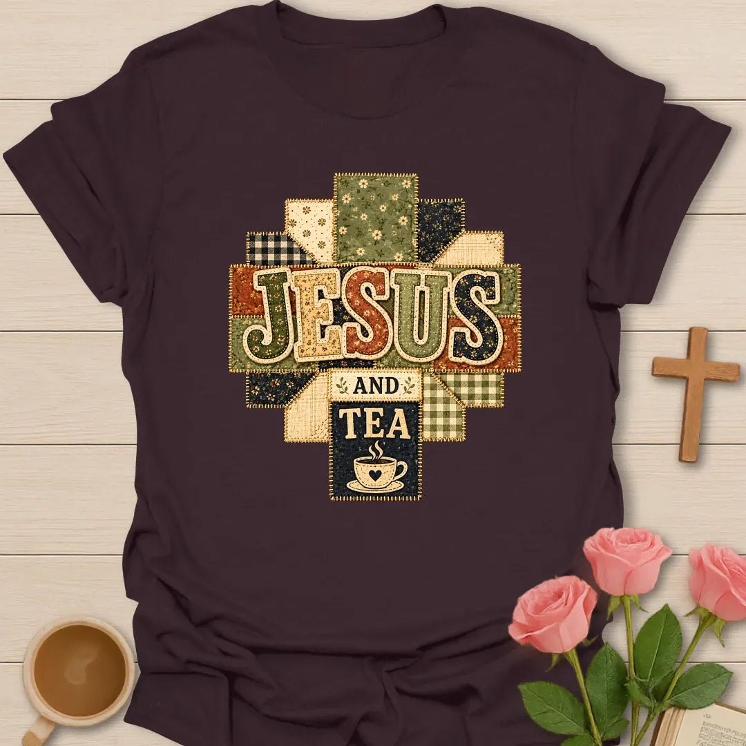 Jesus and Tea faux patchwork shirt with quilted cross shape, stitched fabric letters, teacup icon, florals, gingham, and vintage textures. - Dark Chocolate