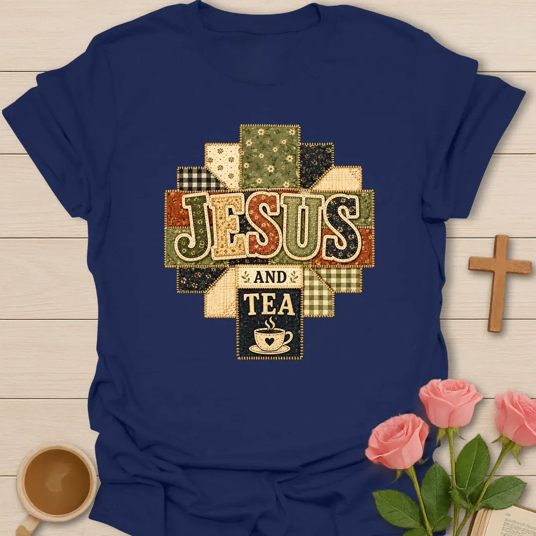 Jesus and Tea faux patchwork shirt with quilted cross shape, stitched fabric letters, teacup icon, florals, gingham, and vintage textures. - Navy
