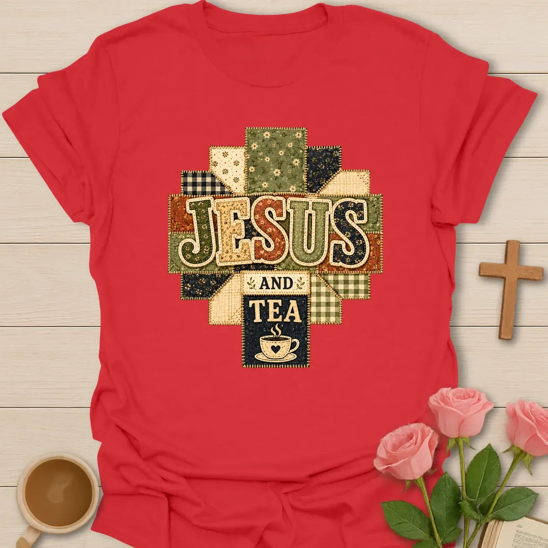 Jesus and Tea faux patchwork shirt with quilted cross shape, stitched fabric letters, teacup icon, florals, gingham, and vintage textures. - Red