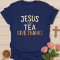 Jesus and Tea Give Thanks shirt in retro block typography - Navy