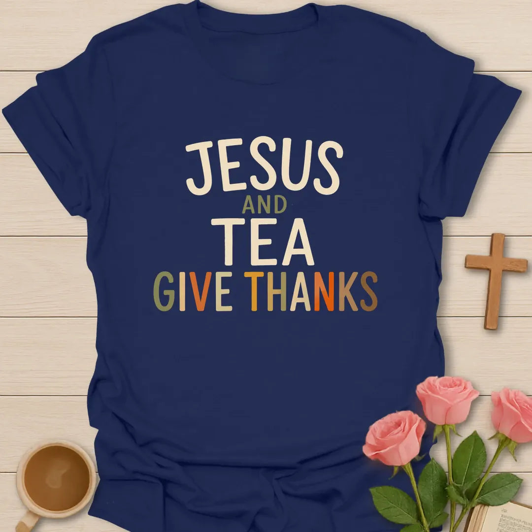 Jesus and Tea Give Thanks shirt in retro block typography - Navy