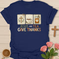 Jesus and Tea Give Thanks cottagecore shirt with cross, teacup and mason jar in gingham panels - Navy