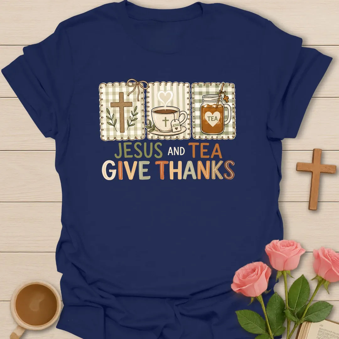 Jesus and Tea Give Thanks cottagecore shirt with cross, teacup and mason jar in gingham panels - Navy