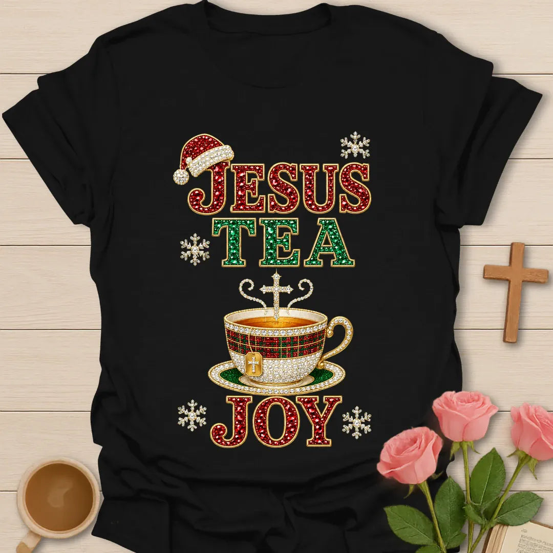 Jesus Tea and Joy Christmas shirt with festive lettering in classic Christmas colors - Black