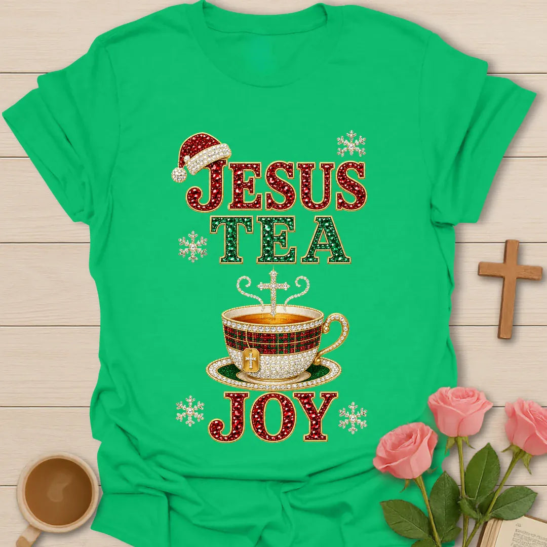 Jesus Tea and Joy Christmas shirt with festive lettering in classic Christmas colors - Irish Green