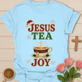 Jesus Tea and Joy Christmas shirt with festive lettering in classic Christmas colors - Light Blue