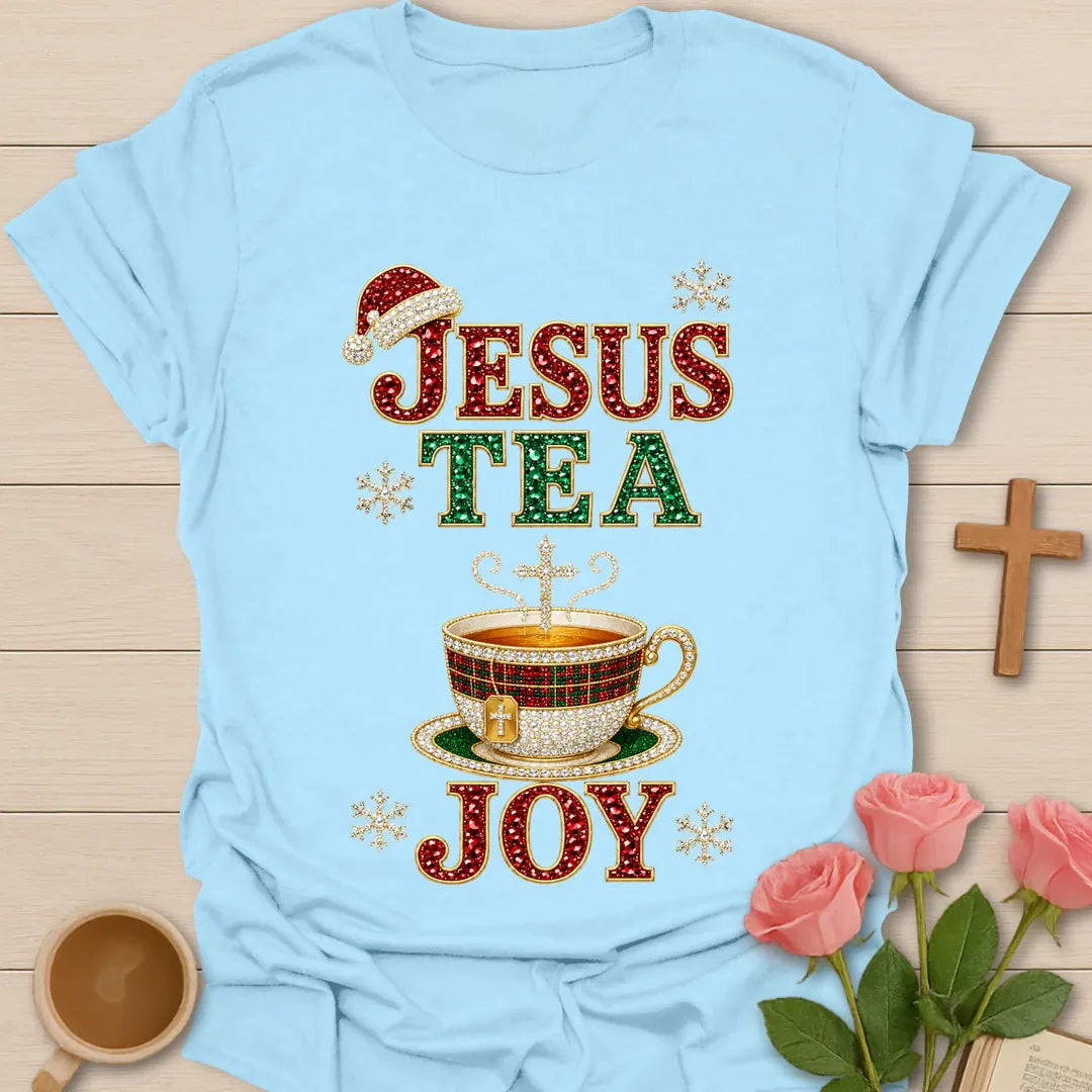 Jesus Tea and Joy Christmas shirt with festive lettering in classic Christmas colors - Light Blue