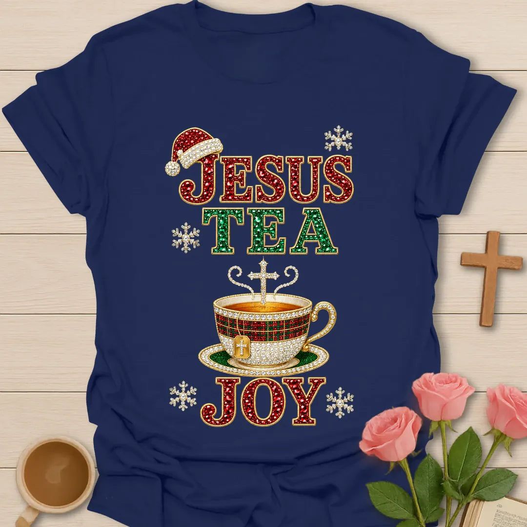 Jesus Tea and Joy Christmas shirt with festive lettering in classic Christmas colors - Navy