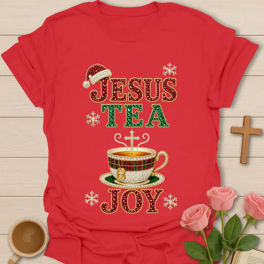 Jesus Tea and Joy Christmas shirt with festive lettering in classic Christmas colors - Red