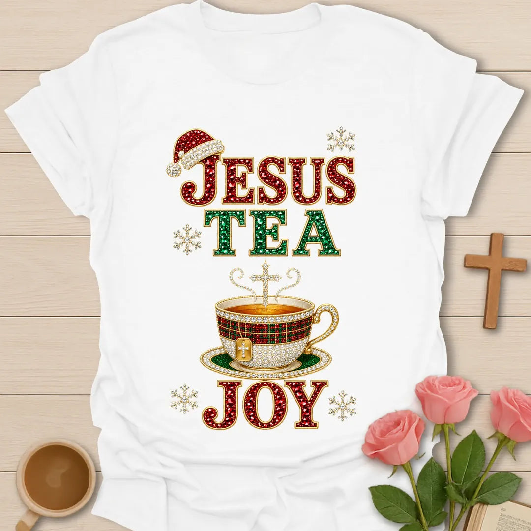 Jesus Tea and Joy Christmas shirt with festive lettering in classic Christmas colors - White