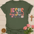 Jesus & Tea Loves Me Christian tea t-shirt with sweet lettering and faith-inspired design. - Military Green