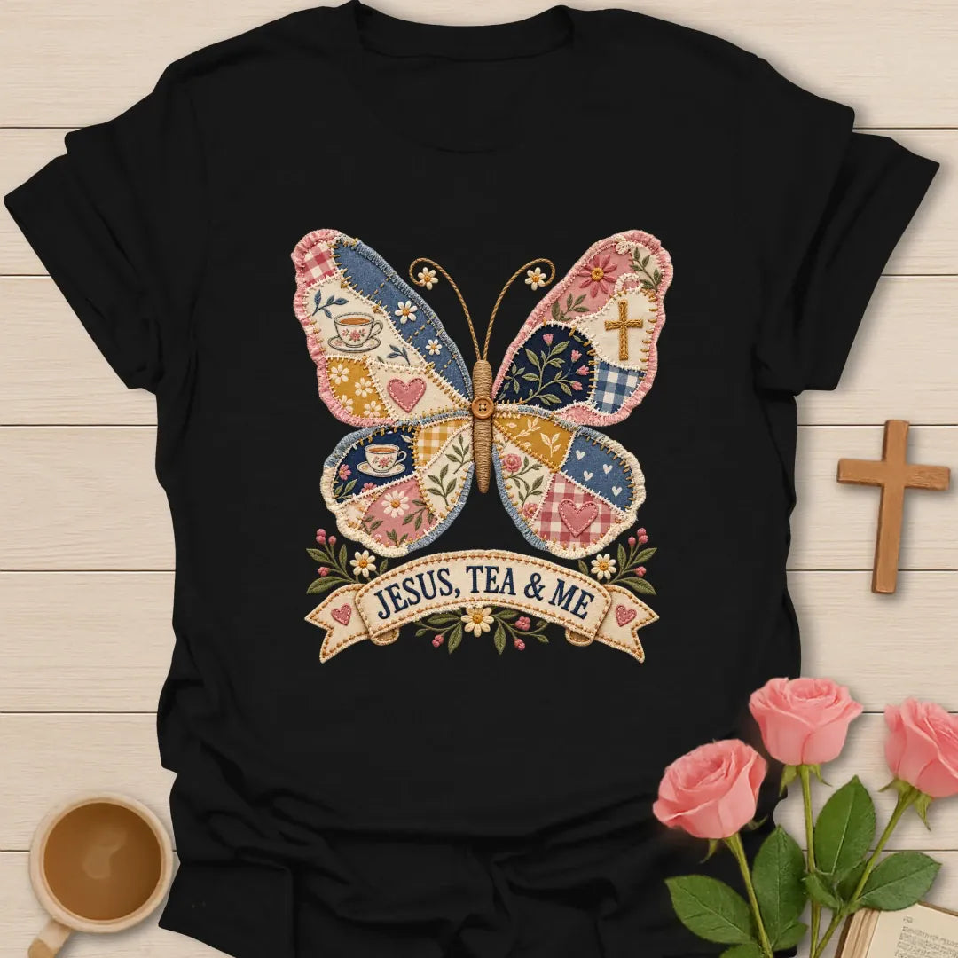Jesus Tea and Me shirt with patchwork butterfly artwork and faith-inspired lettering. - Black