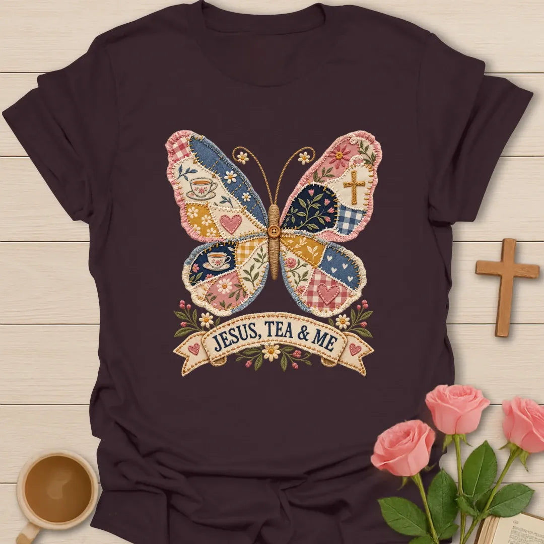Jesus Tea and Me shirt with patchwork butterfly artwork and faith-inspired lettering. - Dark Chocolate