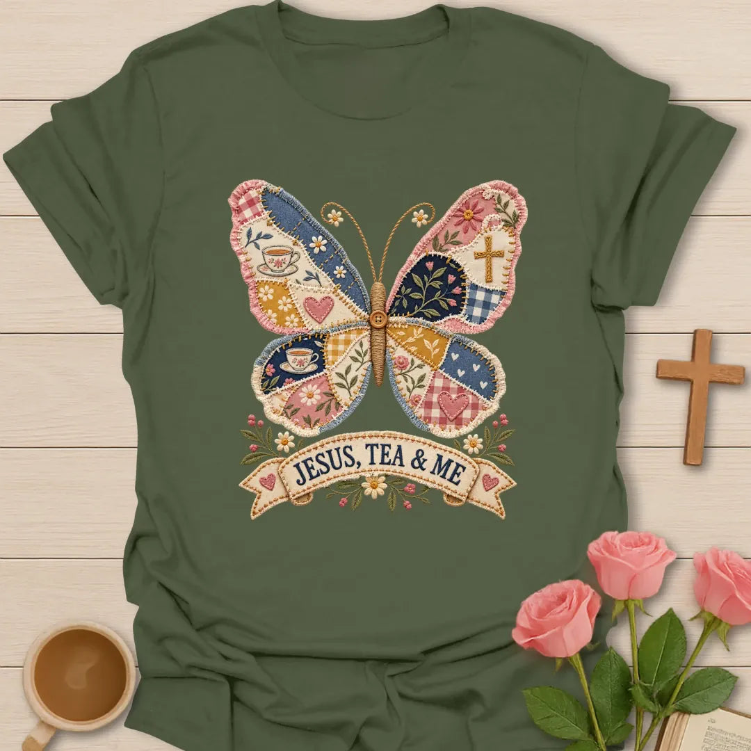 Jesus Tea and Me shirt with patchwork butterfly artwork and faith-inspired lettering. - Military Green