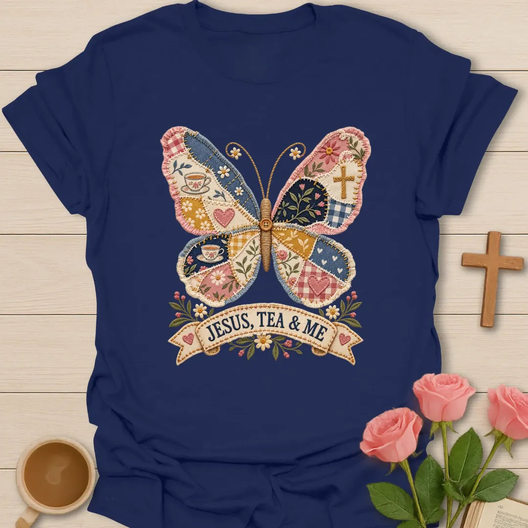 Jesus Tea and Me shirt with patchwork butterfly artwork and faith-inspired lettering. - Navy