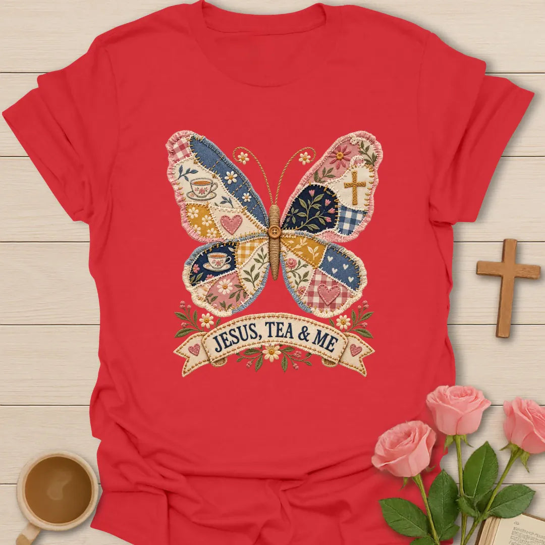 Jesus Tea and Me shirt with patchwork butterfly artwork and faith-inspired lettering. - Red