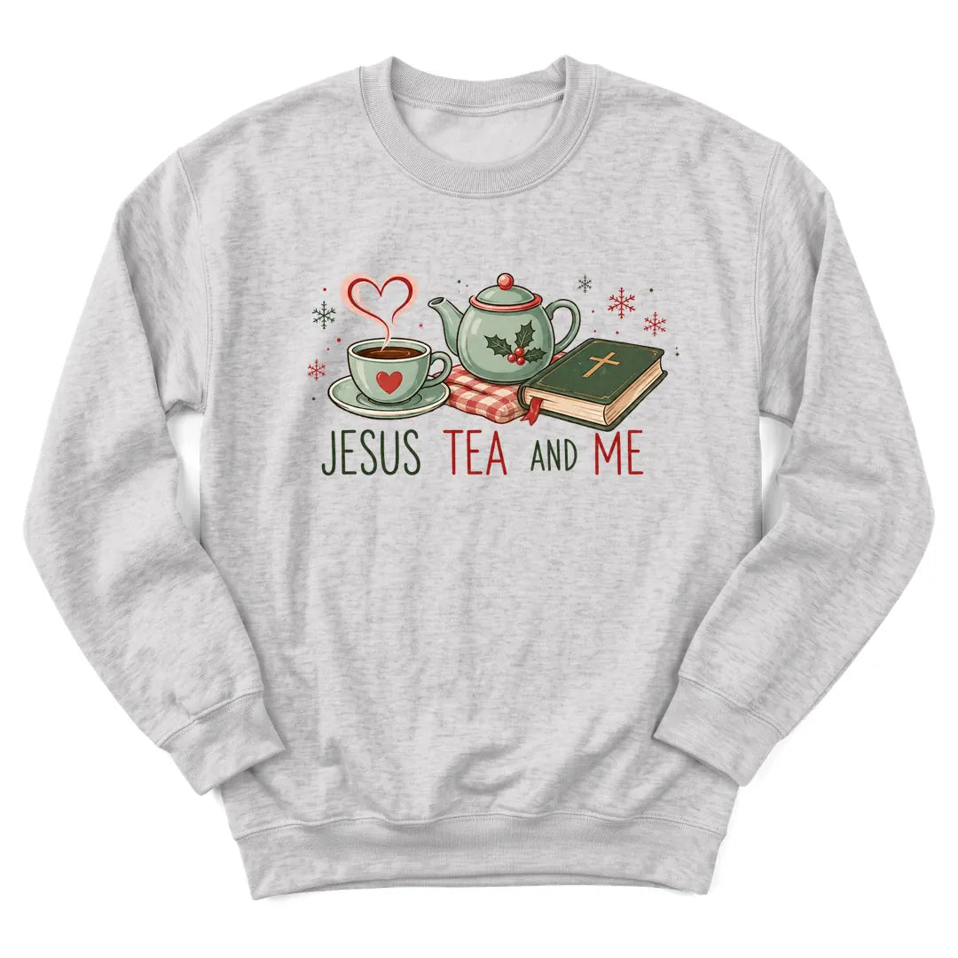 Jesus Tea and Me Christmas sweatshirt with teapot, teacup and Bible design - Ash