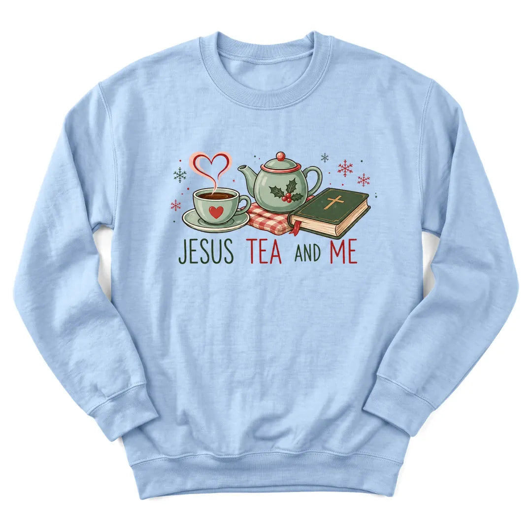 Jesus Tea and Me Christmas sweatshirt with teapot, teacup and Bible design - Light Blue