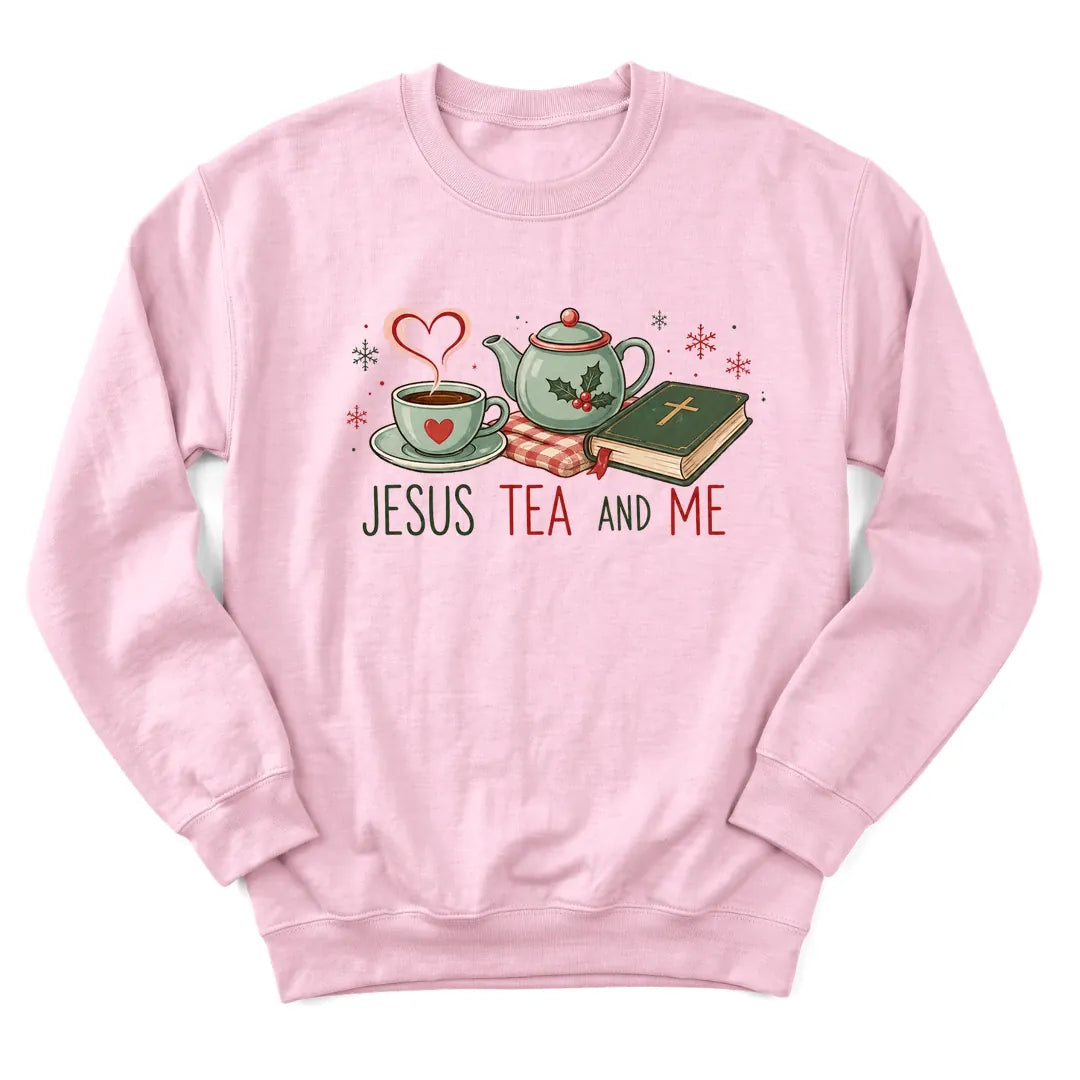 Jesus Tea and Me Christmas sweatshirt with teapot, teacup and Bible design - Light Pink