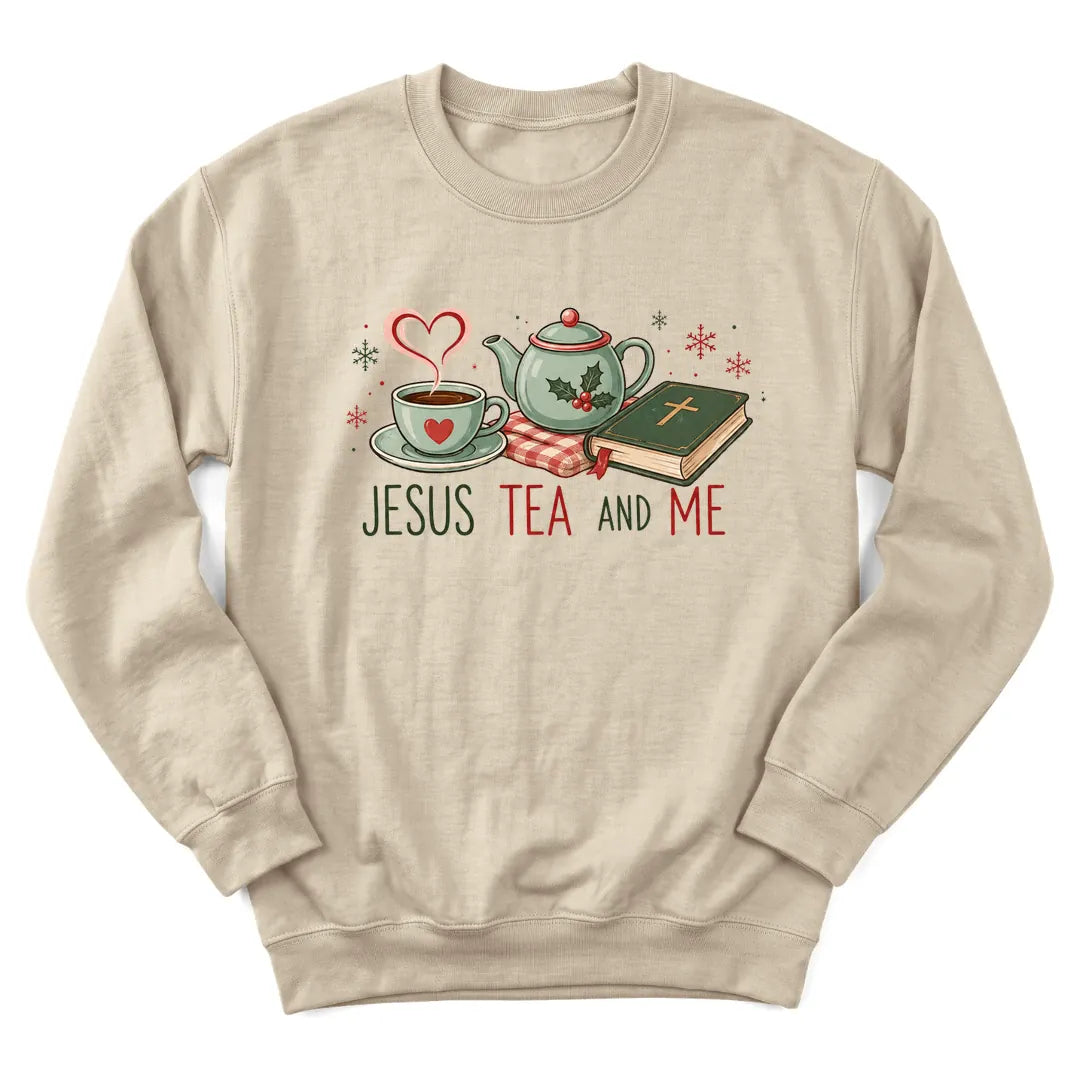 Jesus Tea and Me Christmas sweatshirt with teapot, teacup and Bible design - Sand