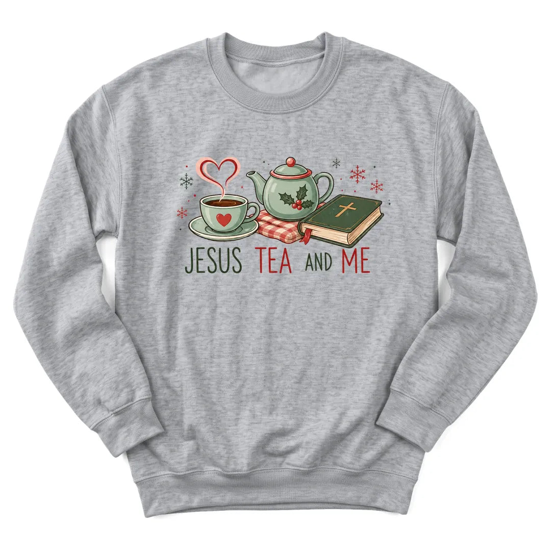 Jesus Tea and Me Christmas sweatshirt with teapot, teacup and Bible design - Sport Grey
