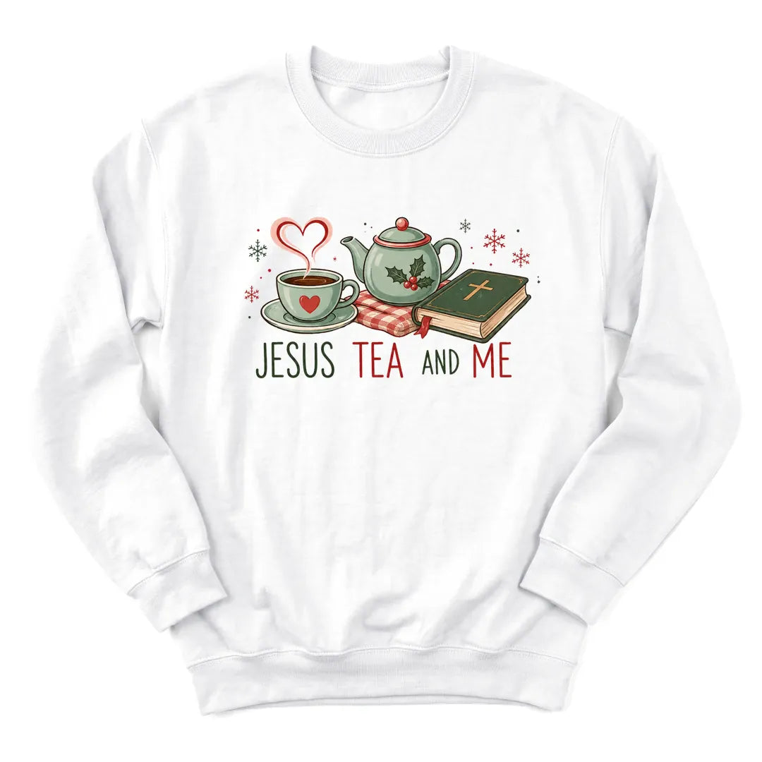 Jesus Tea and Me Christmas sweatshirt with teapot, teacup and Bible design - White