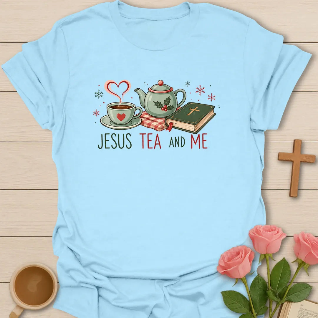 Jesus Tea and Me Christmas Christian T-shirt with teapot teacup Bible and holly - Light Blue