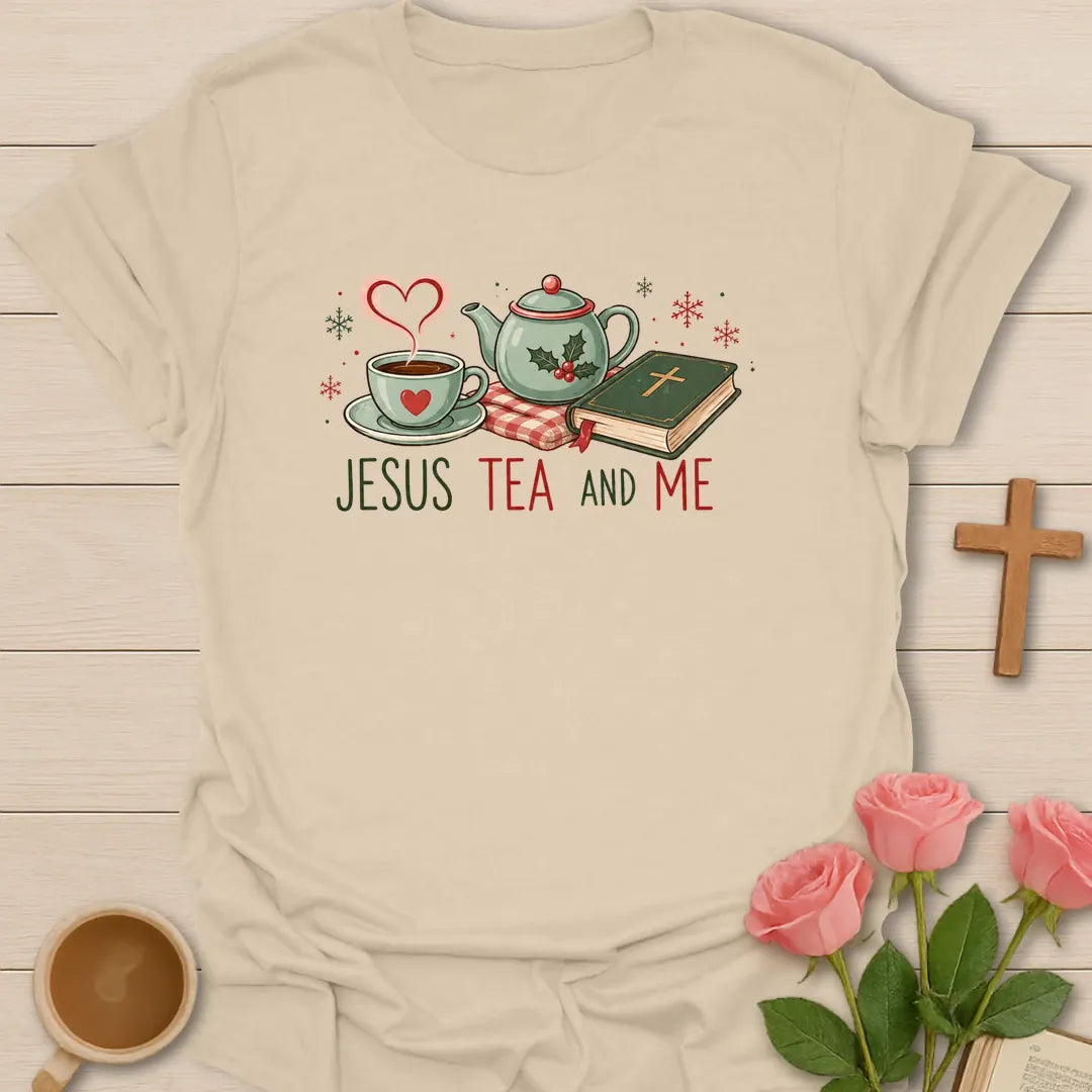 Jesus Tea and Me Christmas Christian T-shirt with teapot teacup Bible and holly - Sand