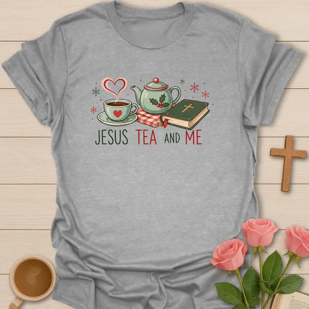 Jesus Tea and Me Christmas Christian T-shirt with teapot teacup Bible and holly - Sport Grey