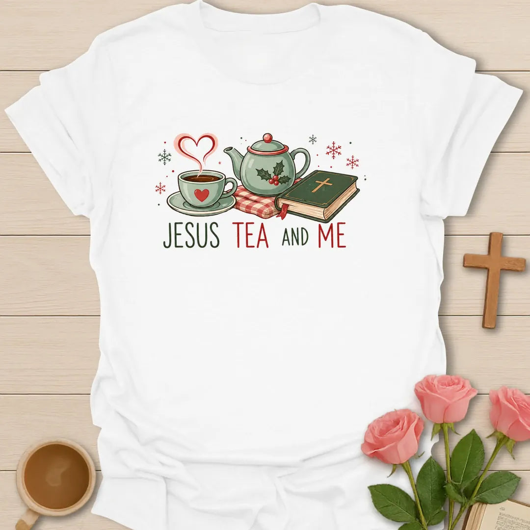 Jesus Tea and Me Christmas Christian T-shirt with teapot teacup Bible and holly - White