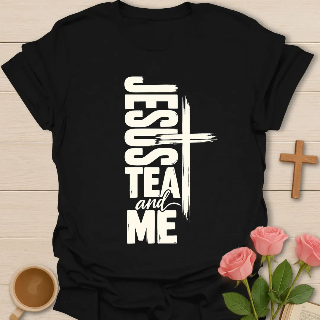 Jesus Tea and Me t-shirt with bold vertical lettering and a brushstroke cross - Black