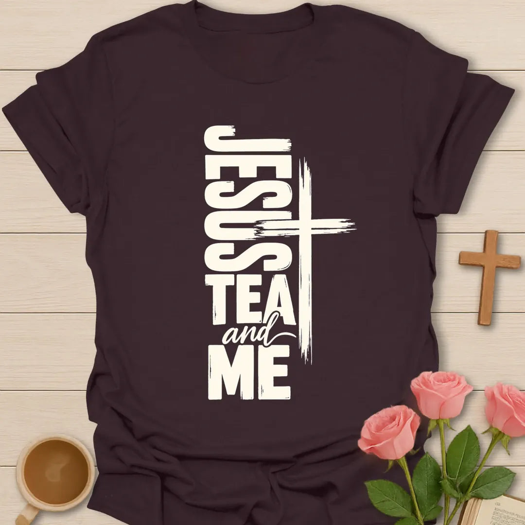 Jesus Tea and Me t-shirt with bold vertical lettering and a brushstroke cross - Dark Chocolate