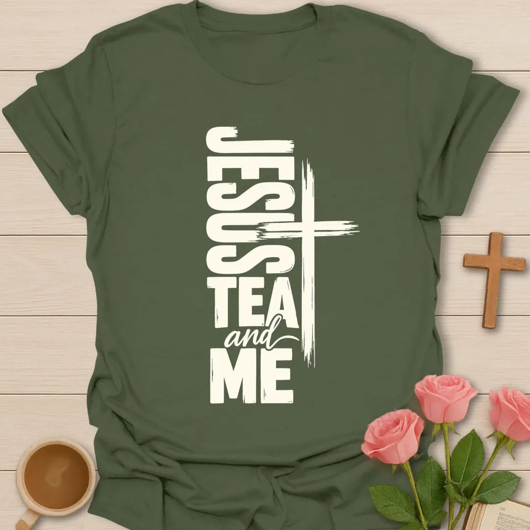 Jesus Tea and Me t-shirt with bold vertical lettering and a brushstroke cross - Military Green