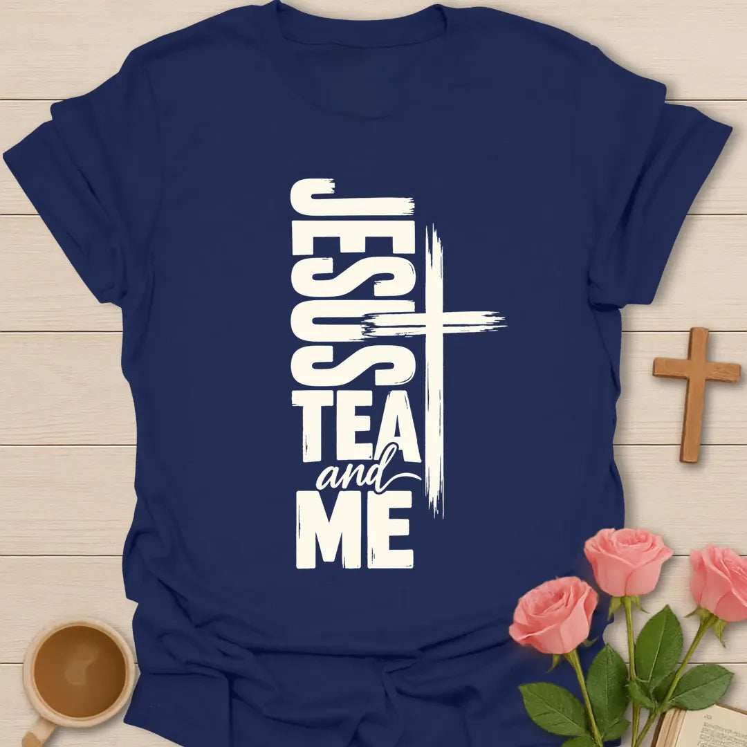 Jesus Tea and Me t-shirt with bold vertical lettering and a brushstroke cross - Navy